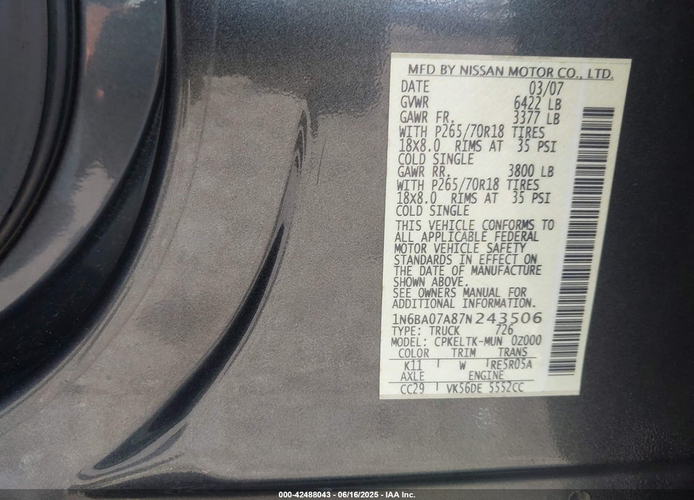 2007 NISSAN TITAN SE VIN: 1N6BA07A87N243506