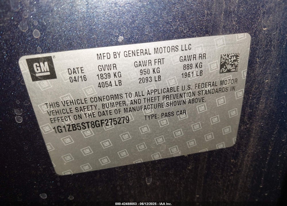 2016 CHEVROLET MALIBU VIN: 1G1ZB5ST8GF275279