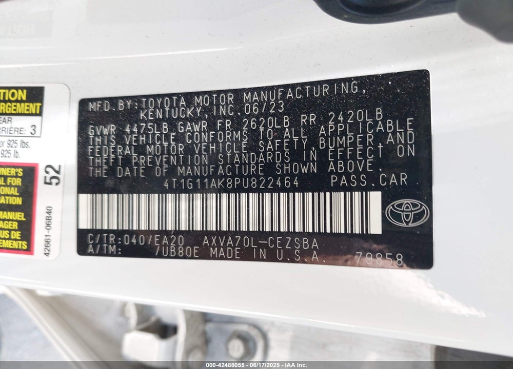 2023 TOYOTA CAMRY VIN: 4T1G11AK8PU822464