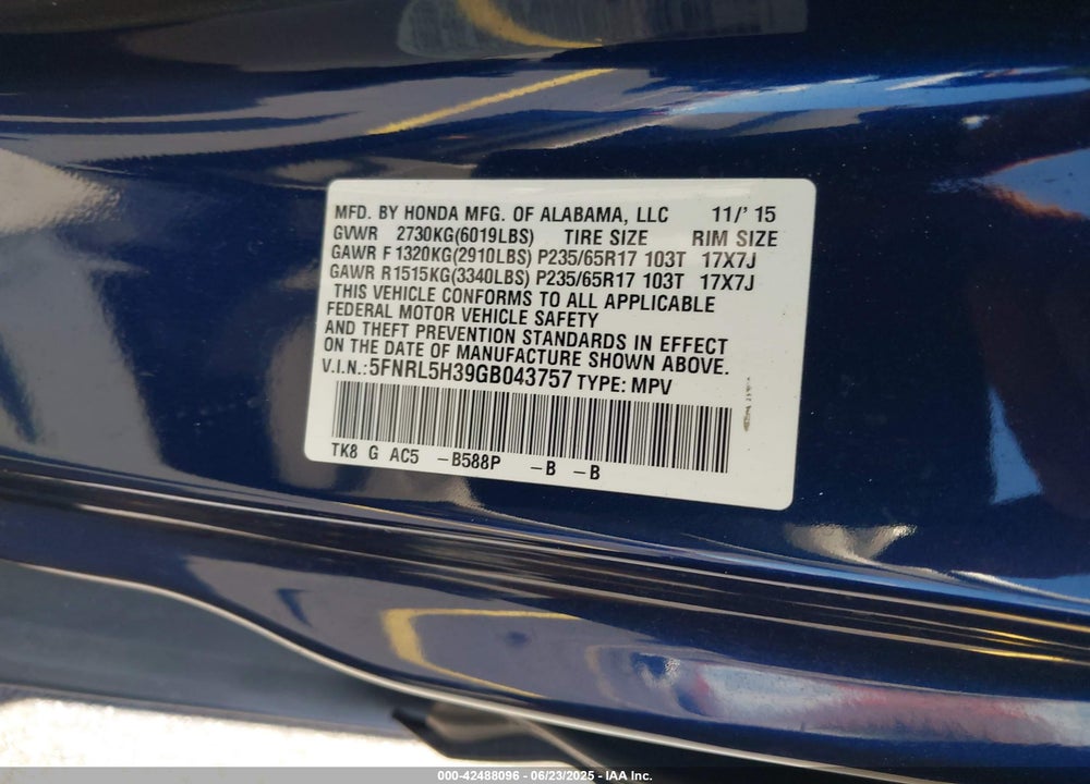 2016 HONDA ODYSSEY SE VIN: 5FNRL5H39GB043757
