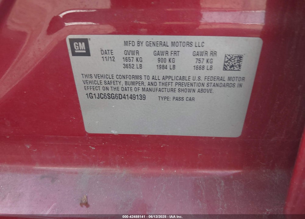 2013 CHEVROLET SONIC VIN: 1G1JC6SG6D4149139