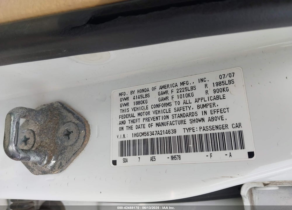 2007 HONDA ACCORD VIN: 1HGCM56347A214639