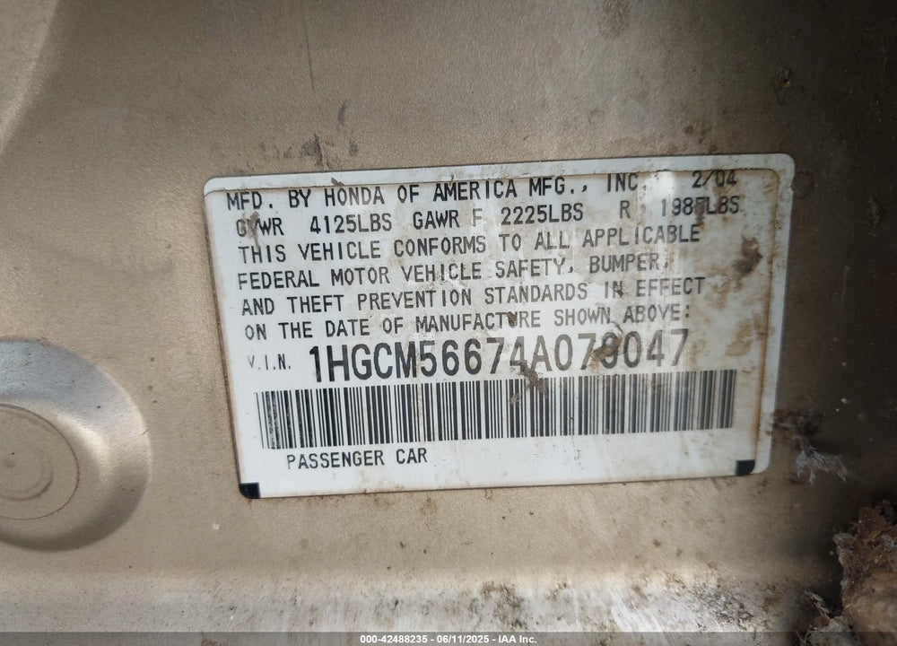 2004 HONDA ACCORD 2.4 EX VIN: 1HGCM56674A079047