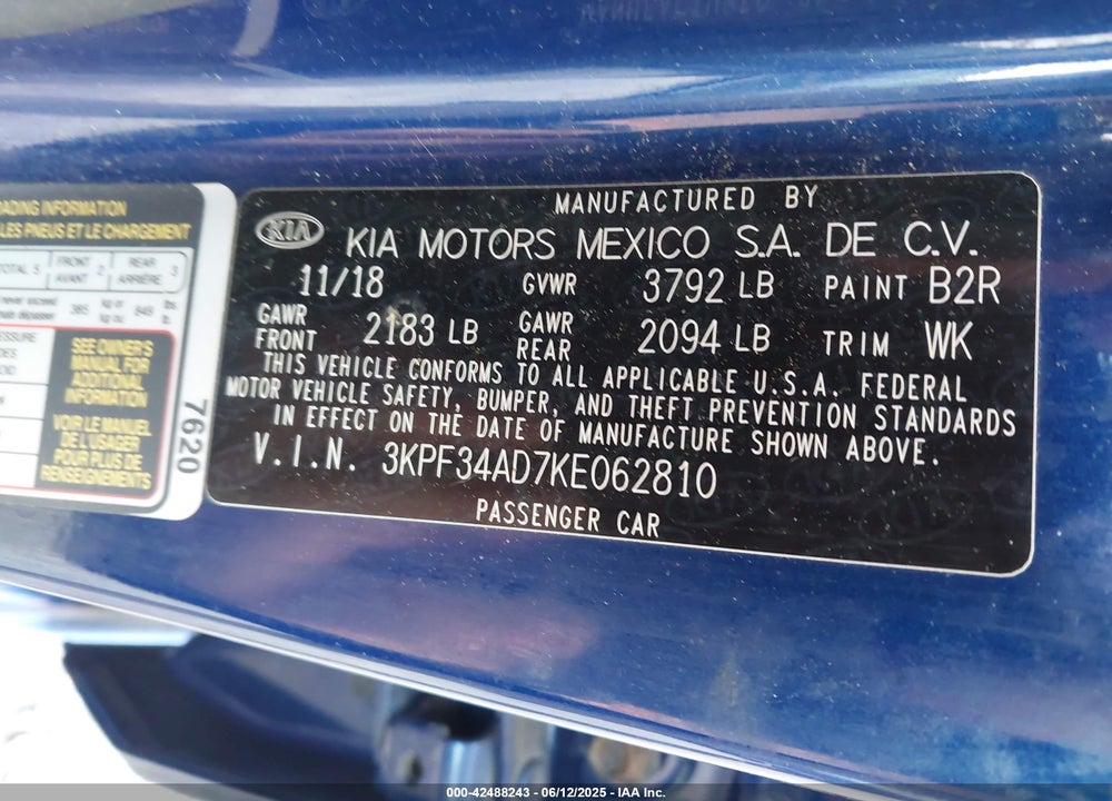 2019 KIA FORTE VIN: 3KPF34AD7KE062810