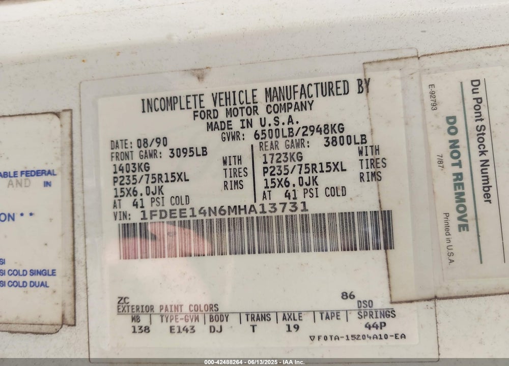 1991 FORD ECONOLINE E150 VAN VIN: 1FDEE14N6MHA13731
