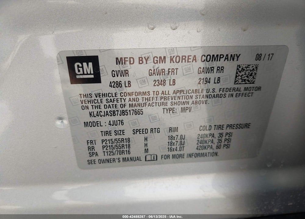 2018 BUICK ENCORE PREFERRED VIN: KL4CJASB7JB517665