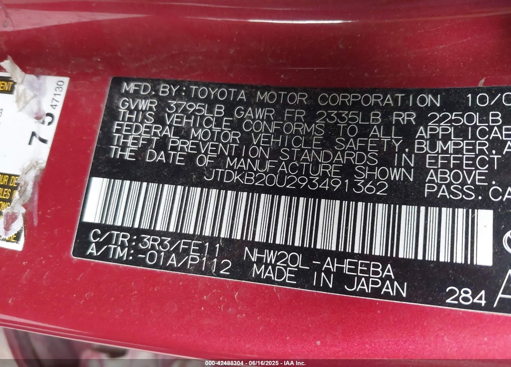 2009 TOYOTA PRIUS VIN: JTDKB20U293491362