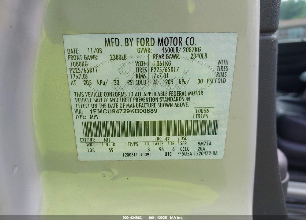 2009 FORD ESCAPE VIN: 1FMCU94729KB00689