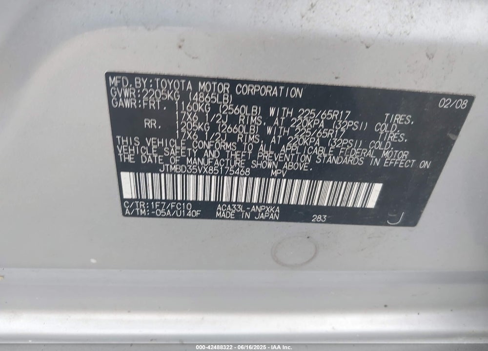 2008 TOYOTA RAV4 VIN: JTMBD35VX85175468