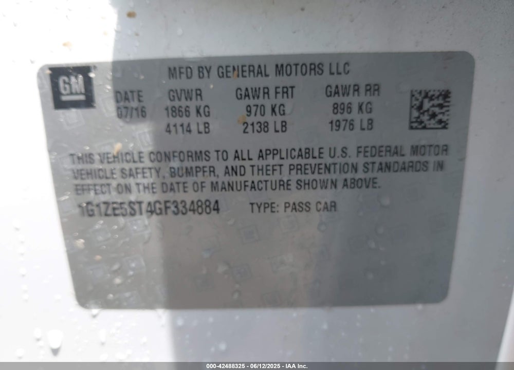 2016 CHEVROLET MALIBU VIN: 1G1ZE5ST4GF334884