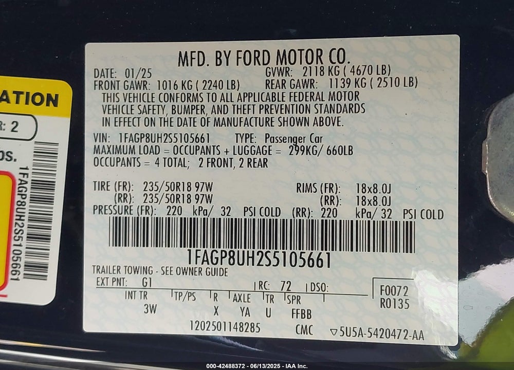 2025 FORD MUSTANG VIN: 1FAGP8UH2S5105661