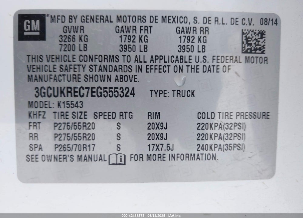2014 CHEVROLET SILVERADO 1500 1LT VIN: 3GCUKREC7EG555324