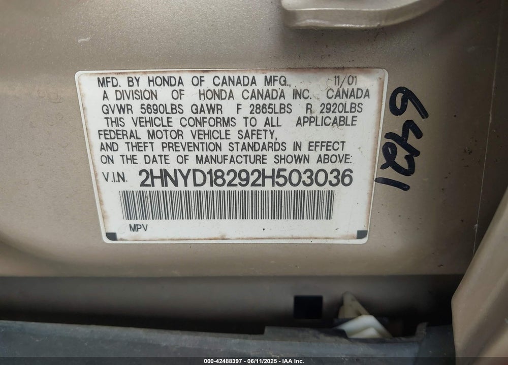 2002 ACURA MDX VIN: 2HNYD18292H503036