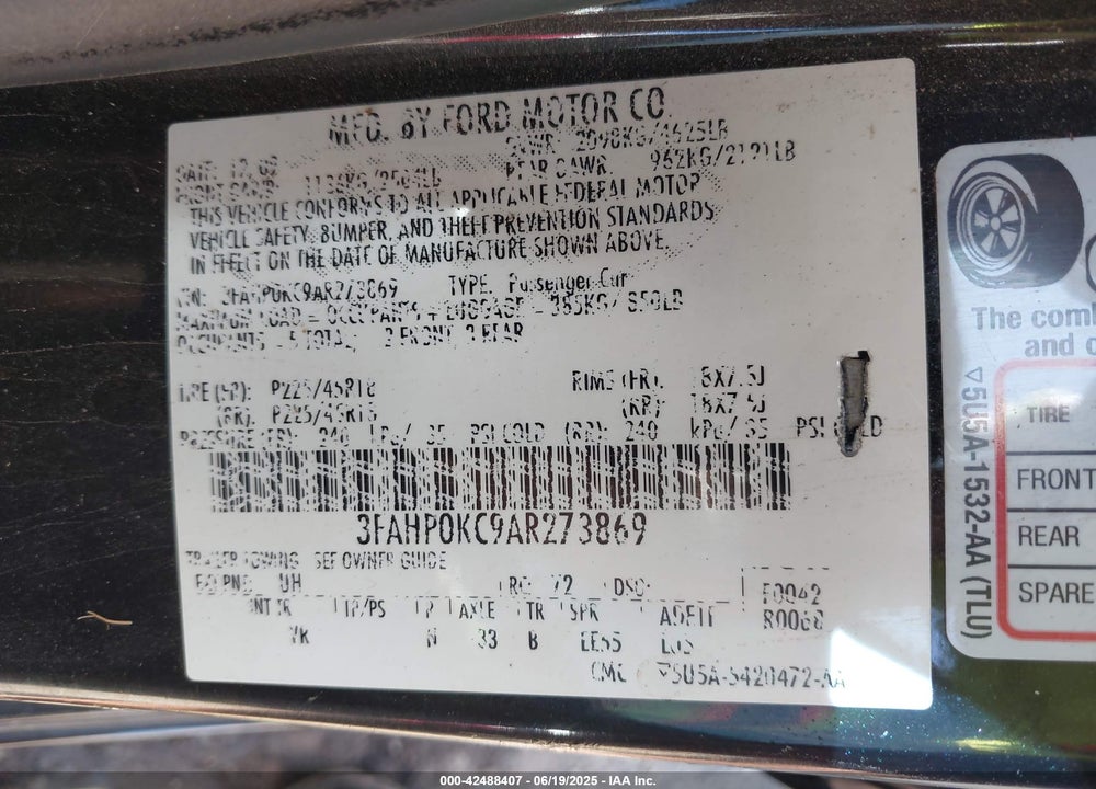 2010 FORD FUSION VIN: 3FAHP0KC9AR273869