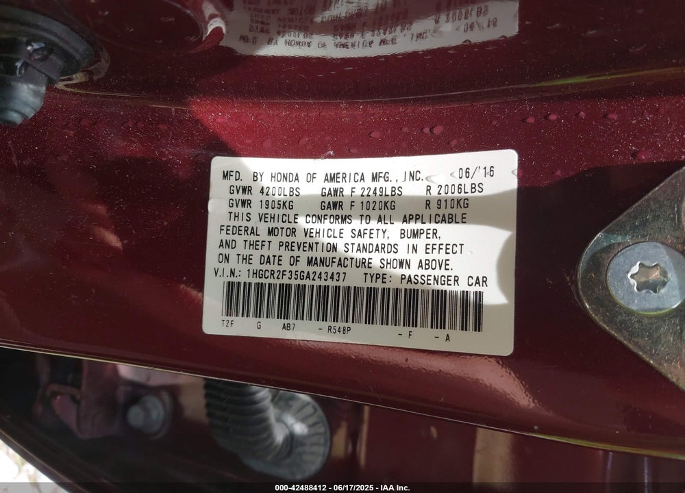 2016 HONDA ACCORD VIN: 1HGCR2F35GA243437