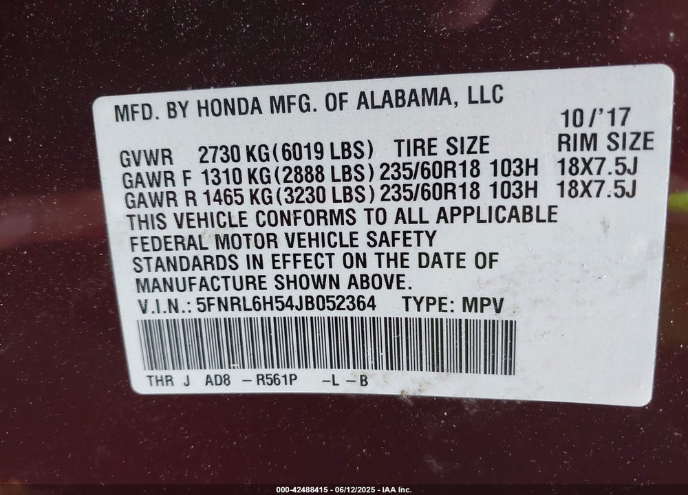 2018 HONDA ODYSSEY EX VIN: 5FNRL6H54JB052364