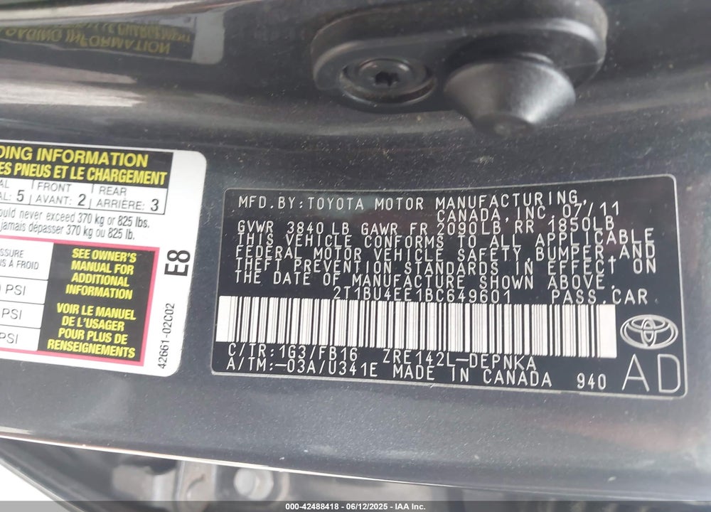 2011 TOYOTA COROLLA VIN: 2T1BU4EE1BC649601