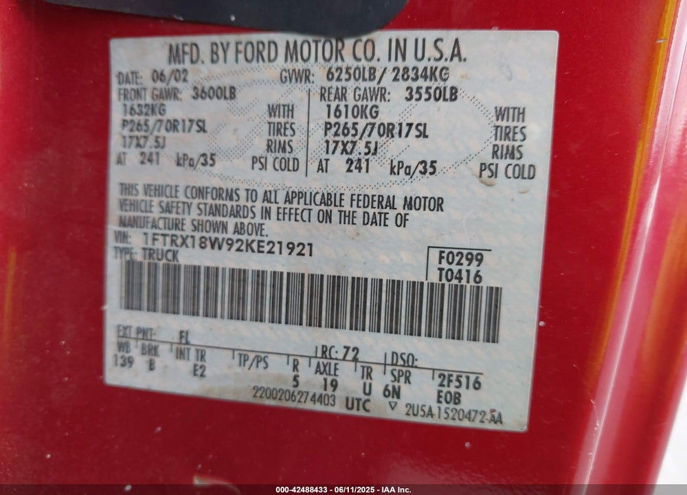 2002 FORD F-150 LARIAT/XL/XLT VIN: 1FTRX18W92KE21921