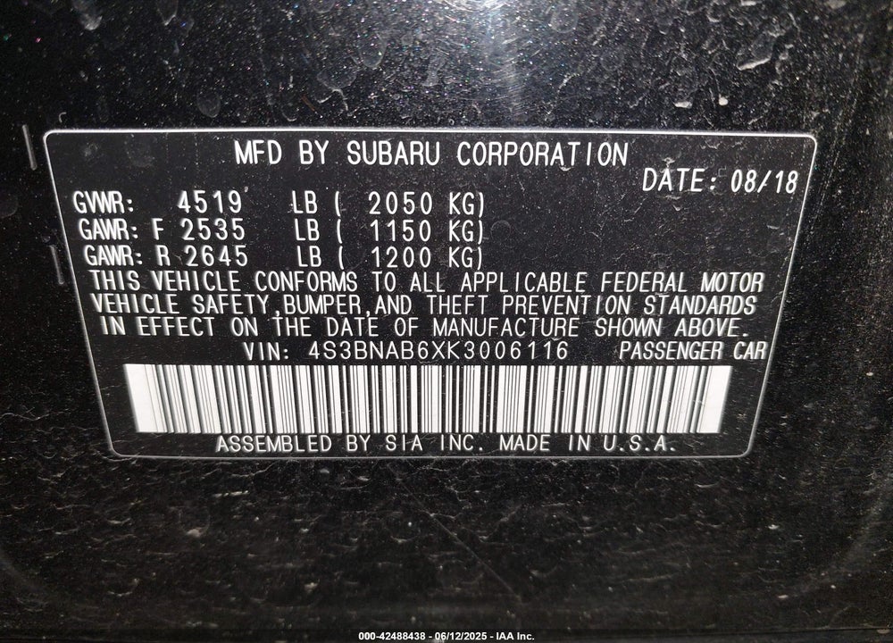 2019 SUBARU LEGACY VIN: 4S3BNAB6XK3006116