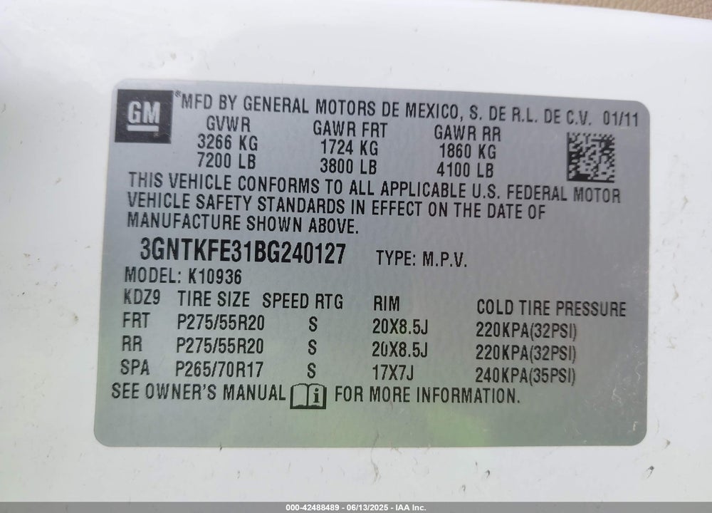 2011 CHEVROLET AVALANCHE 1500 LT1 VIN: 3GNTKFE31BG240127