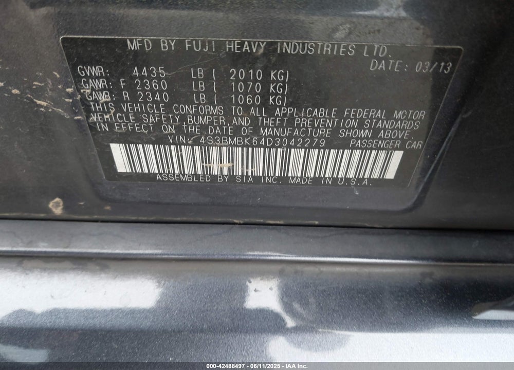 2013 SUBARU LEGACY VIN: 4S3BMBK64D3042279