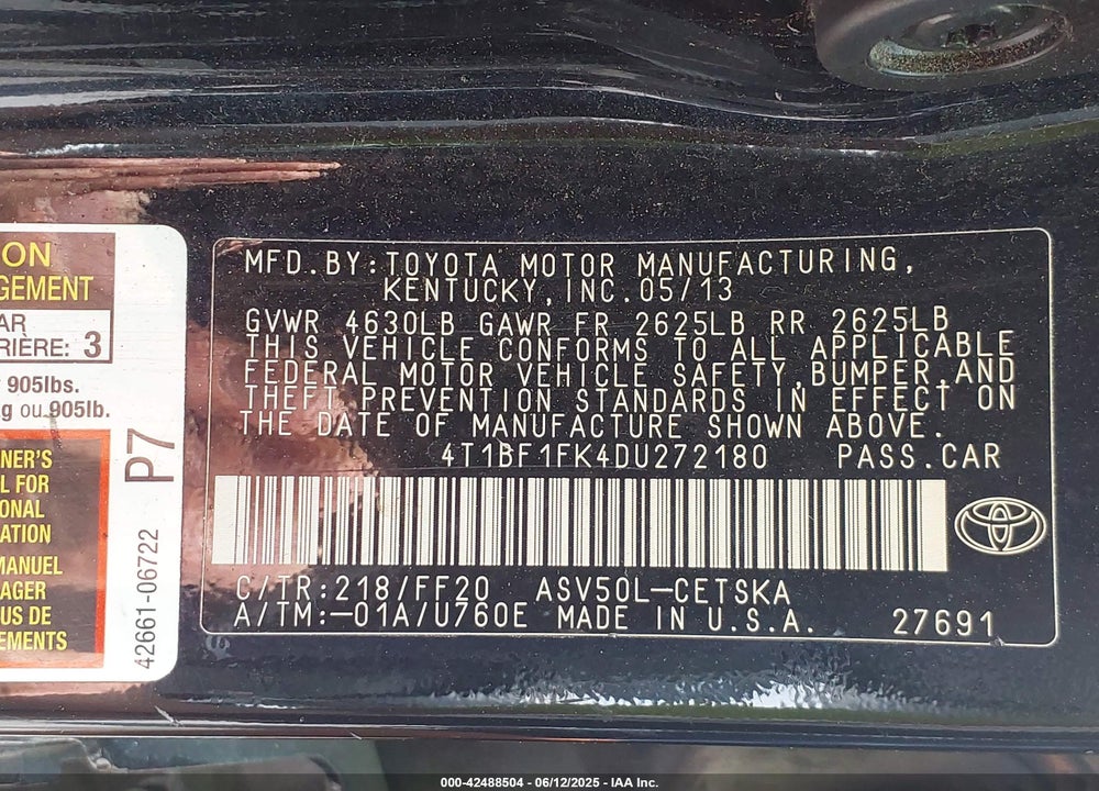 2013 TOYOTA CAMRY VIN: 4T1BF1FK4DU272180