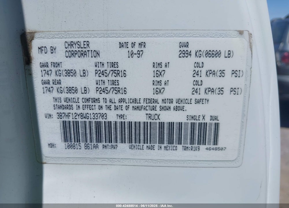 1998 DODGE RAM 1500 ST VIN: 3B7HF12Y8WG133703