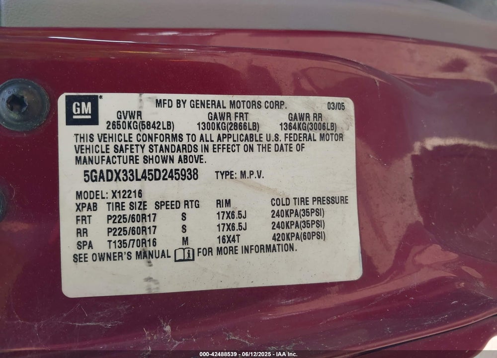 2005 BUICK TERRAZA CXL VIN: 5GADX33L45D245938