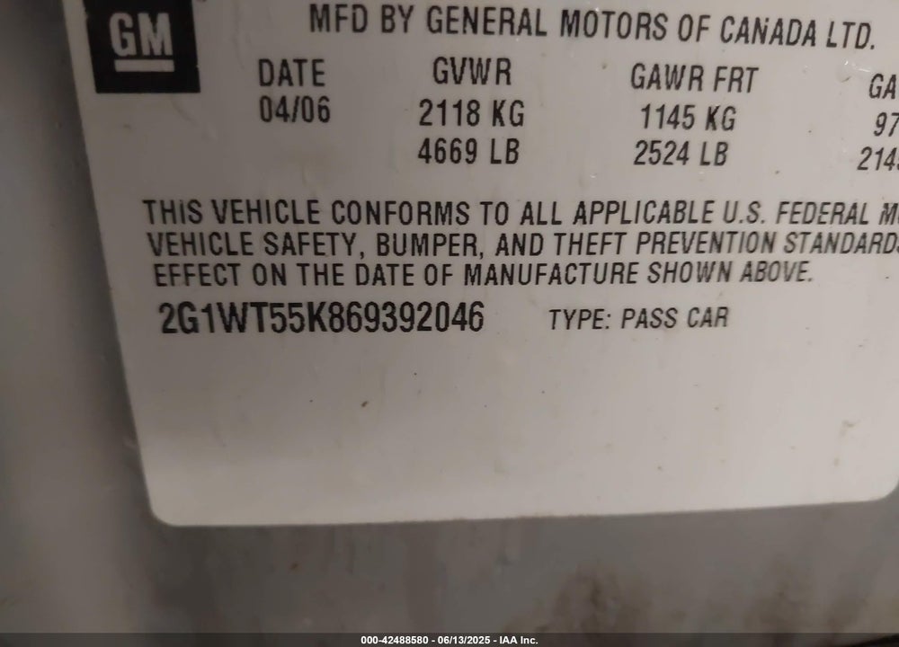 2006 CHEVROLET IMPALA VIN: 2G1WT55K869392046