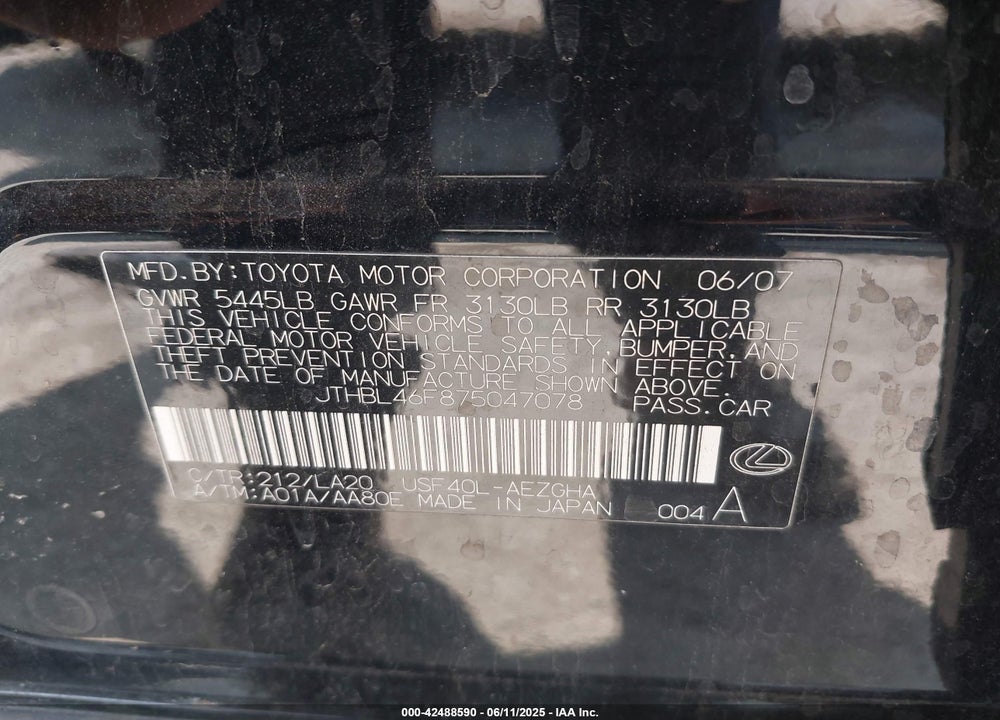 2007 LEXUS LS 460 VIN: JTHBL46F875047078