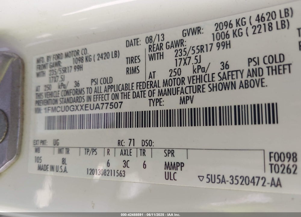 2014 FORD ESCAPE SE VIN: 1FMCU0GXXEUA77507