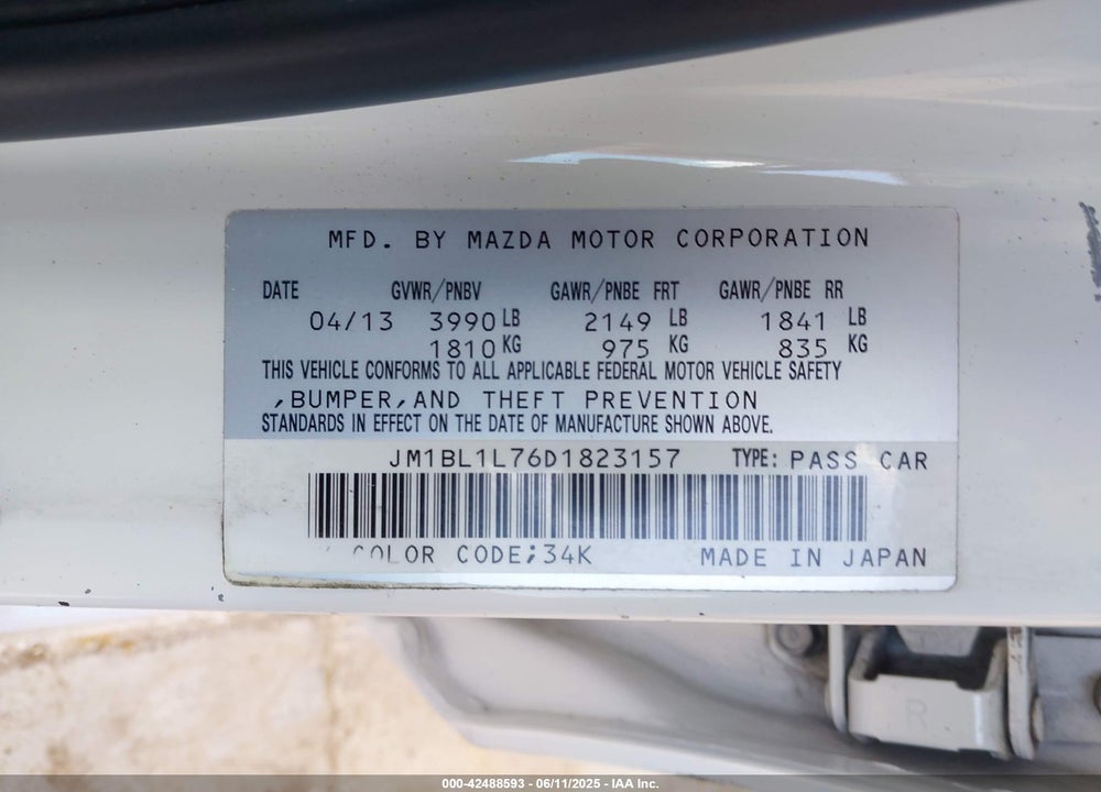 2013 MAZDA 3 VIN: JM1BL1L76D1823157