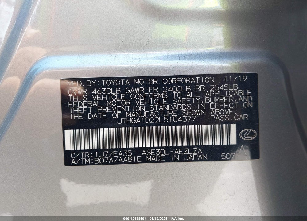 2020 LEXUS IS 300 VIN: JTHGA1D22L5104377