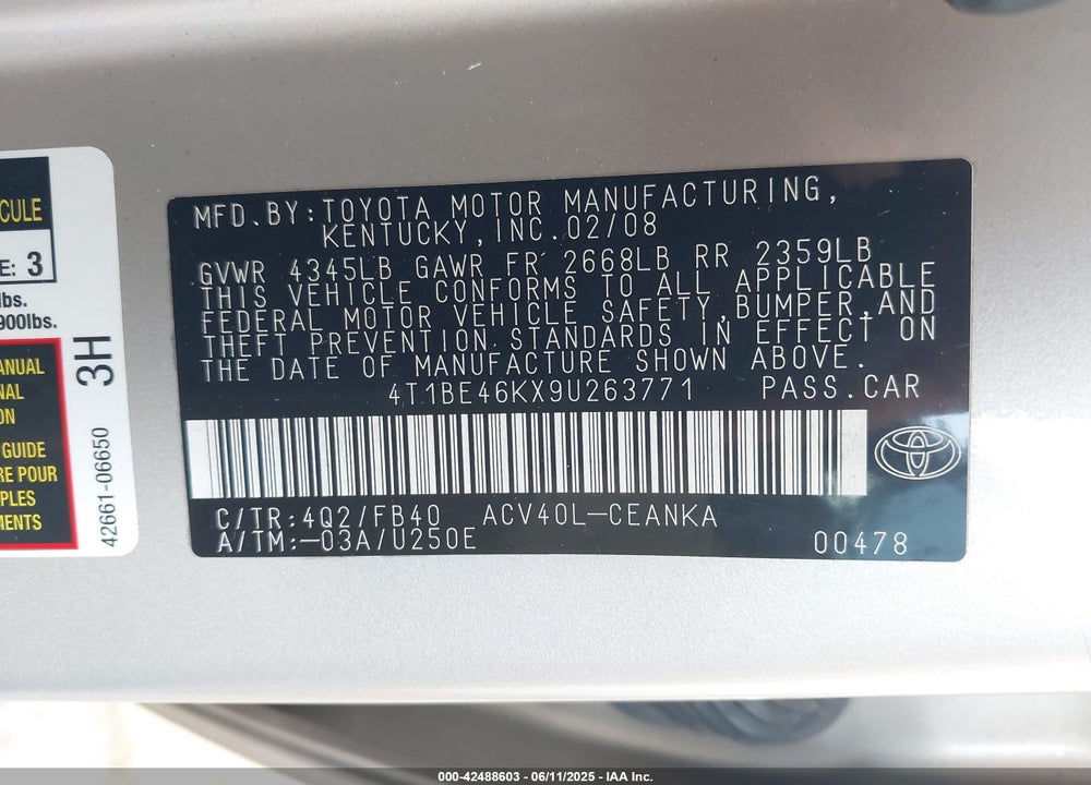 2009 TOYOTA CAMRY LE VIN: 4T1BE46KX9U263771