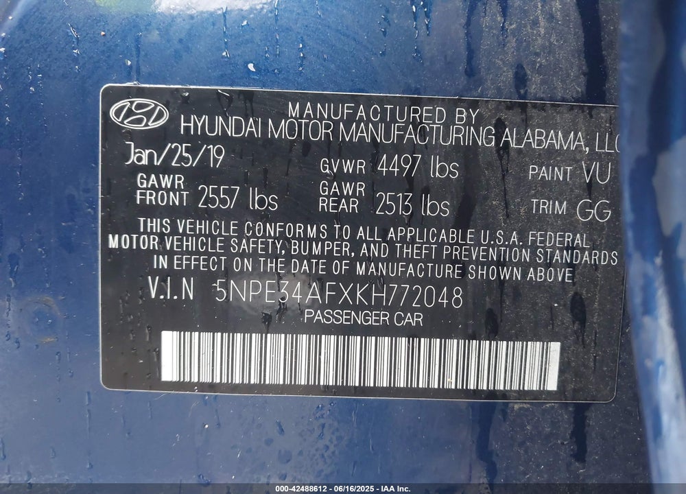 2019 HYUNDAI SONATA VIN: 5NPE34AFXKH772048