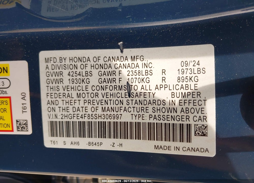 2025 HONDA CIVIC HYBRID VIN: 2HGFE4F85SH306997