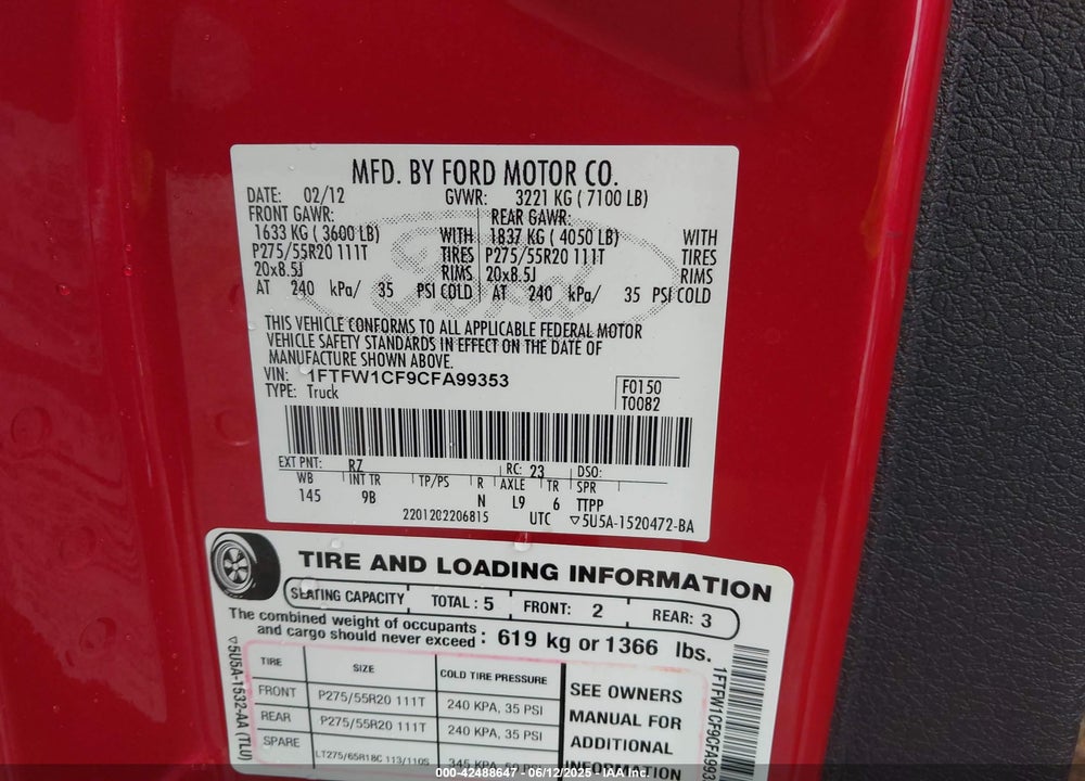 2012 FORD F-150 VIN: 1FTFW1CF9CFA99353
