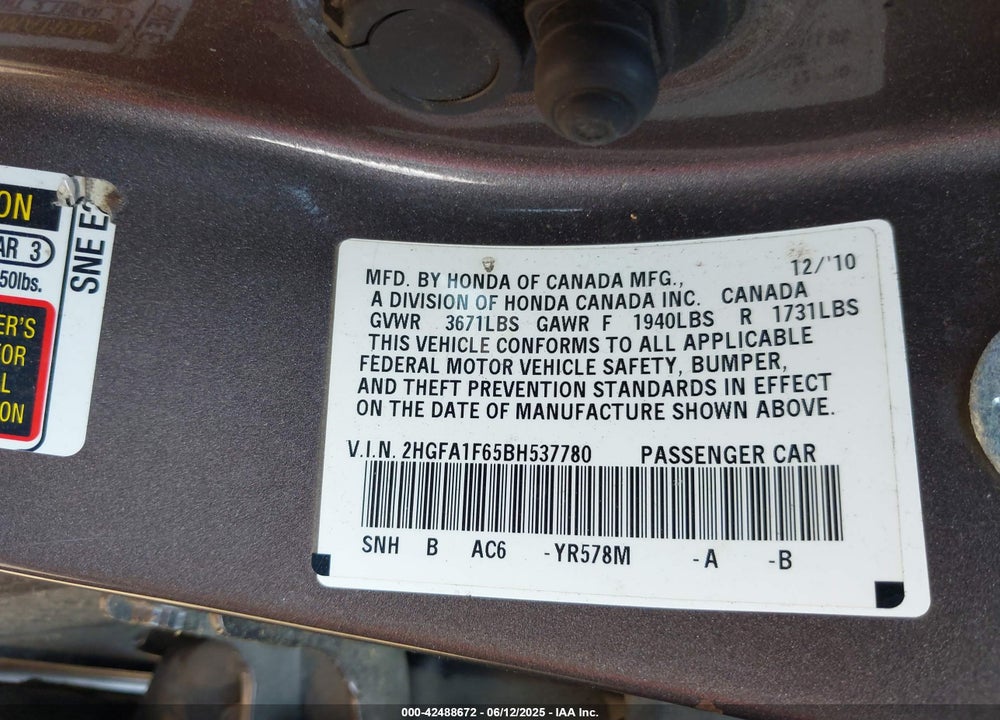 2011 HONDA CIVIC VIN: 2HGFA1F65BH537780