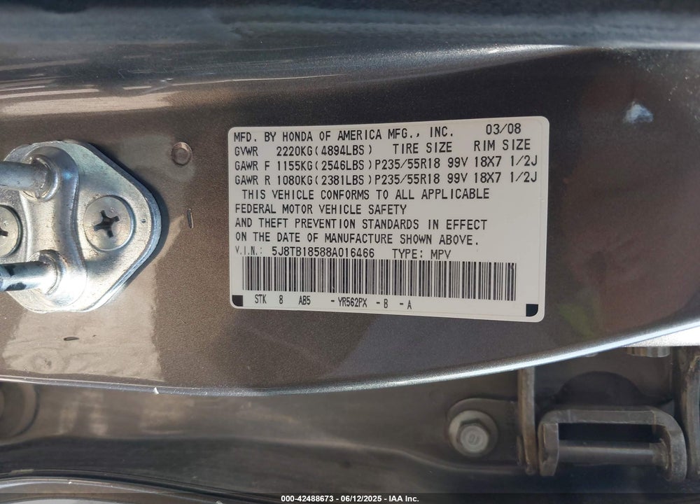 2008 ACURA RDX VIN: 5J8TB18588A016466