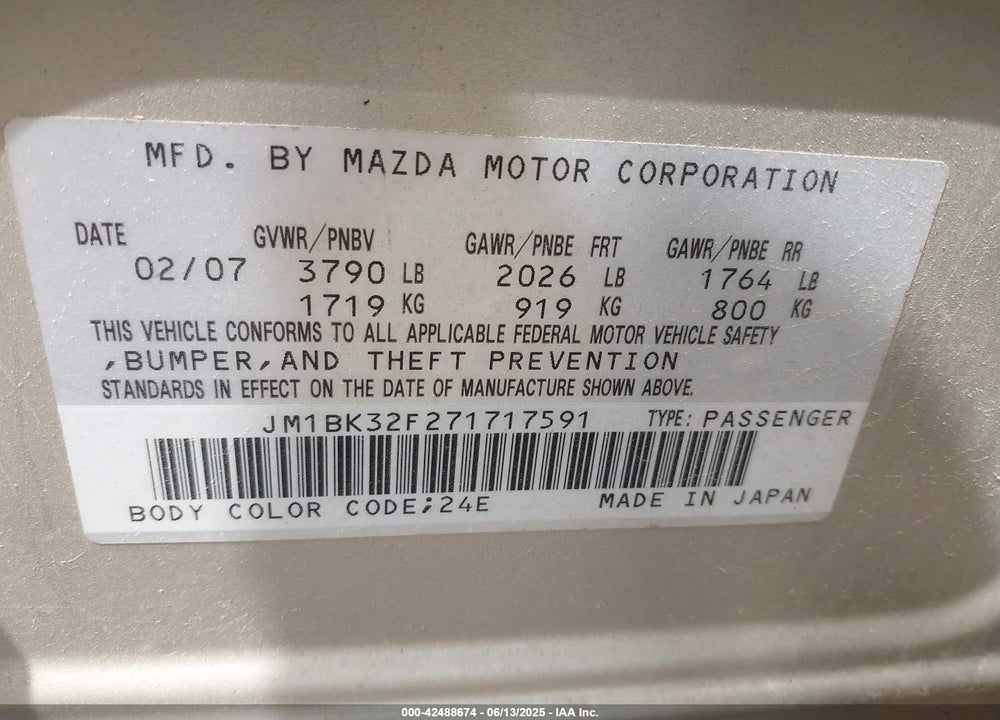 2007 MAZDA 3 I VIN: JM1BK32F271717591
