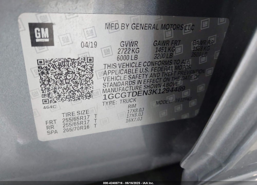 2019 CHEVROLET COLORADO VIN: 1GCGTDEN3K1294489