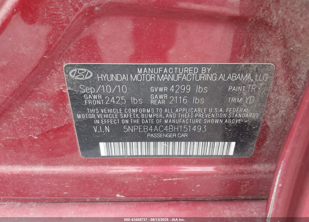 2011 HYUNDAI SONATA GLS VIN: 5NPEB4AC4BH151493