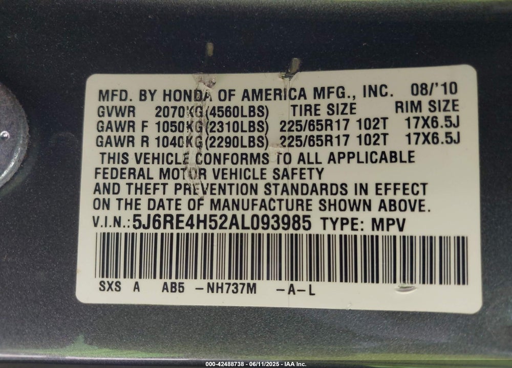 2010 HONDA CR-V EX VIN: 5J6RE4H52AL093985