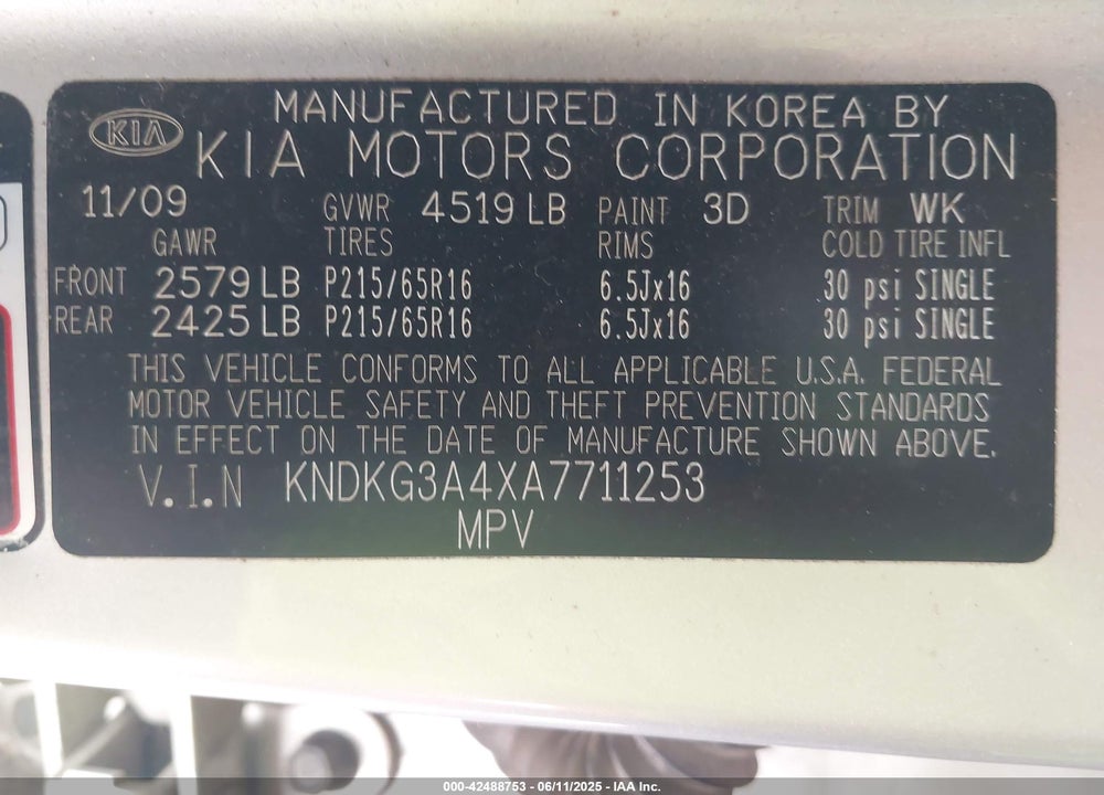 2010 KIA SPORTAGE VIN: KNDKG3A4XA7711253