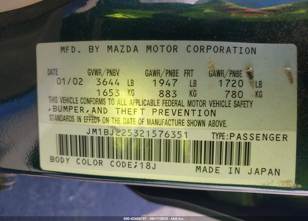 2002 MAZDA PROTEGE VIN: JM1BJ225321576351
