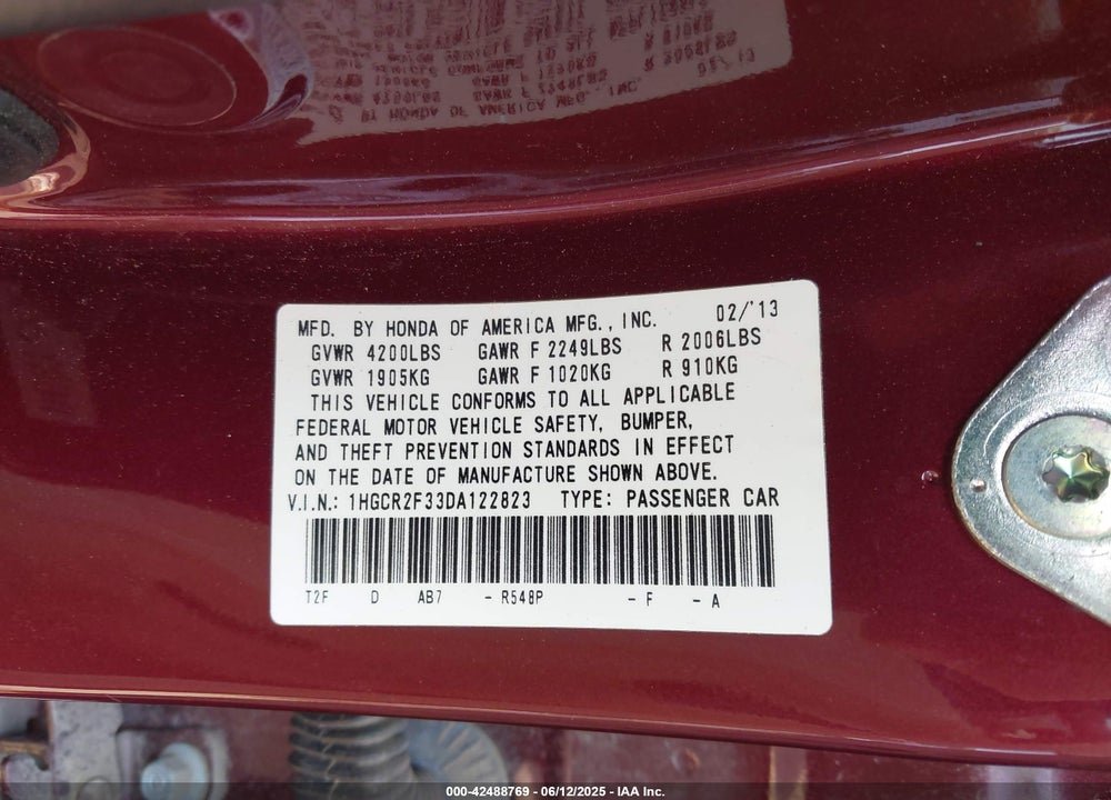2013 HONDA ACCORD LX VIN: 1HGCR2F33DA122823