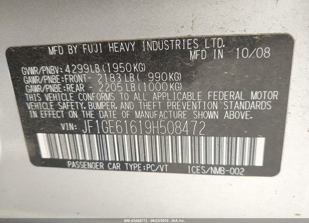 2009 SUBARU IMPREZA 2.5I VIN: JF1GE61619H508472