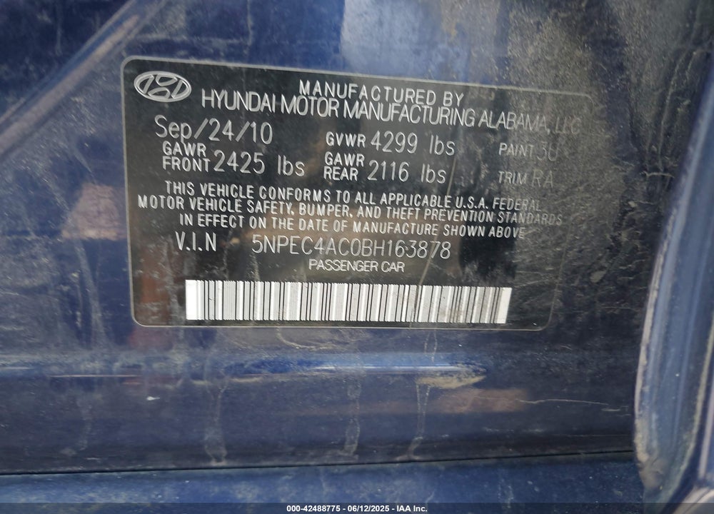 2011 HYUNDAI SONATA SE VIN: 5NPEC4AC0BH163878