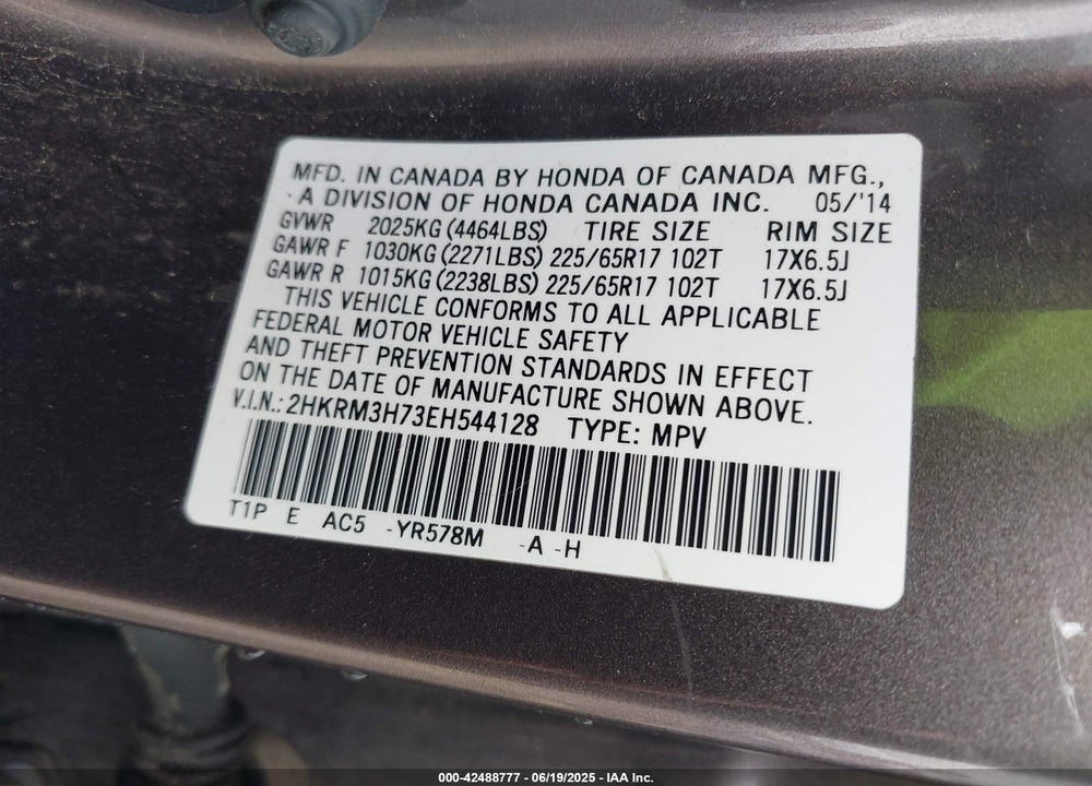 2014 HONDA CR-V VIN: 2HKRM3H73EH544128
