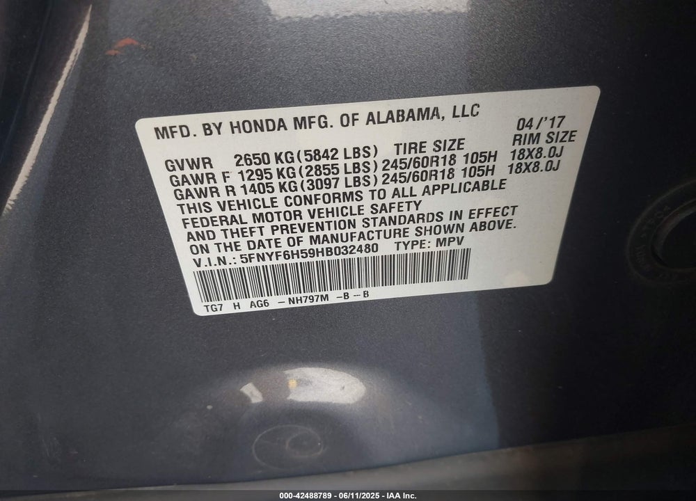 2017 HONDA PILOT EX-L VIN: 5FNYF6H59HB032480